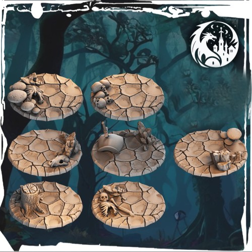 Zestaw 7 podstawek 25 mm z motywem spękanej ziemi i elementami fantasy: czaszki, grzyby, pień, miecz, hełm, kości. Idealne do figurek 32 mm, gier bitewnych, RPG i dioram. Podstawki z detalami, kompatybilne z magnesami.