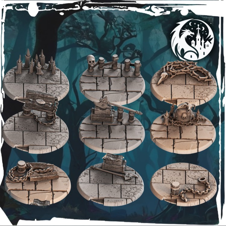 Zestaw 9 podstawek 25 mm w skali 32 mm – motyw średniowieczny: stosy, czaszki, łańcuchy, topór, pal, świeczniki. Idealne do figurek fantasy, gier bitewnych, RPG i dioram. Bogate detale, tekstura kamiennej posadzki, miejsce na magnesy.