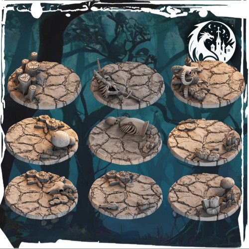 Zestaw 9 podstawek 25 mm w skali 32 mm – motyw pustkowi: czaszki, kości, pień, grzyby, jajo, ręka, tarcza i miecz. Idealne do figurek fantasy, gier bitewnych, RPG i dioram. Realistyczna faktura spękanej ziemi, miejsce na magnesy.