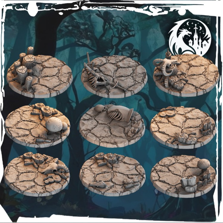 Zestaw 9 podstawek 25 mm w skali 32 mm – motyw pustkowi: czaszki, kości, pień, grzyby, jajo, ręka, tarcza i miecz. Idealne do figurek fantasy, gier bitewnych, RPG i dioram. Realistyczna faktura spękanej ziemi, miejsce na magnesy.