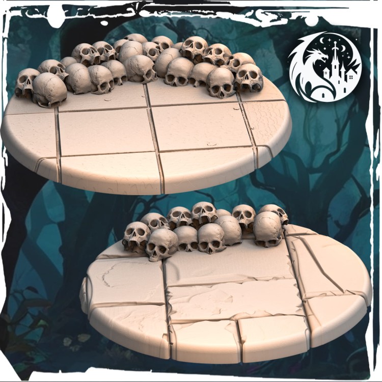 Zestaw podstawek 50 mm do figurek w skali 32 mm – motywy fantasy: spękana ziemia, czaszki, pień, grzyby, broń, kości. Idealne do gier bitewnych, RPG i dioram. Bogate detale, miejsce na magnesy, gotowe do malowania.