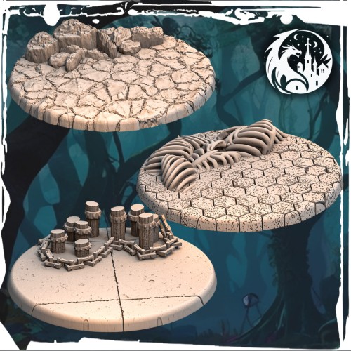 Zestaw podstawek 50 mm do figurek w skali 32 mm – motywy fantasy: spękana ziemia, czaszki, pień, grzyby, broń, kości. Idealne do gier bitewnych, RPG i dioram. Bogate detale, miejsce na magnesy, gotowe do malowania.