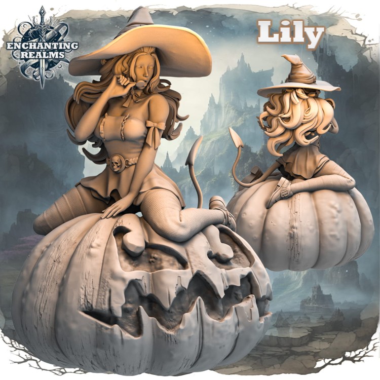 Figurka Lily – czarodziejka siedząca na dyni z demoniczną twarzą. Kapelusz, czaszka, ogon, fajka. Wysokość 180 mm, druk żywiczny. Model fantasy do malowania i kolekcji. Wersja NSFW dostępna.