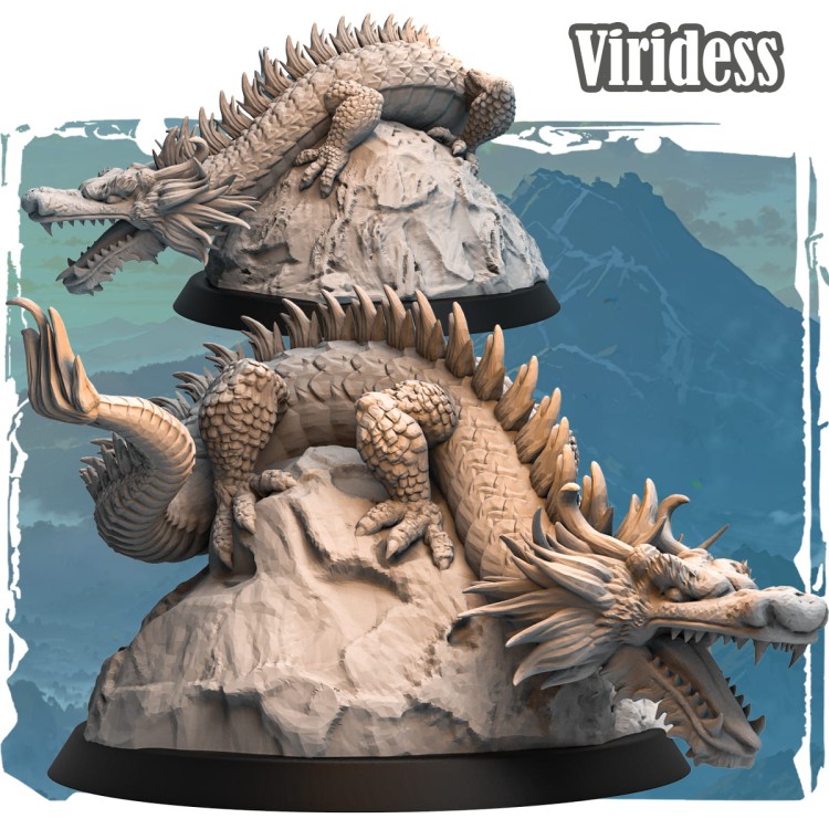 Viridess – smok fantasy na skalnej podstawie, druk żywiczny, wysokość 180 mm. Detale: łuski, kolce, zęby, pazury. Idealny do dioram, kolekcji i malowania. Model kompatybilny z systemami RPG i bitewnymi.