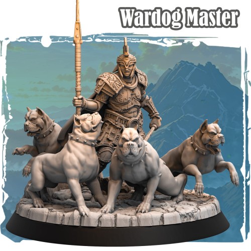 Wardog Master – figurka dowódcy z czterema psami bojowymi, skala 32 mm, podstawa 50 mm z miejscem na magnesy. Druk żywiczny, idealna do malowania, kolekcji i gier bitewnych fantasy.