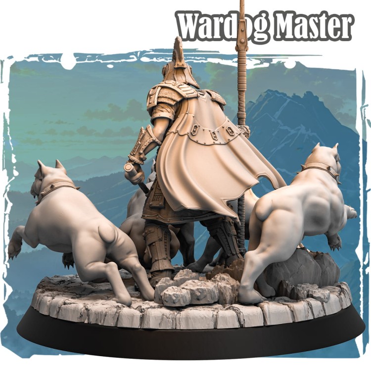 Wardog Master – figurka dowódcy z czterema psami bojowymi, skala 32 mm, podstawa 50 mm z miejscem na magnesy. Druk żywiczny, idealna do malowania, kolekcji i gier bitewnych fantasy.
