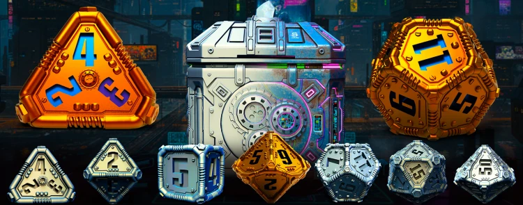 Cyberpunk Dice Set – zestaw żywicznych kości RPG w stylu futurystycznym. W komplecie pudełko. Idealny do gier fabularnych, kolekcji i dioram.