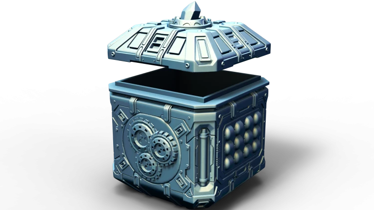 Cyberpunk Dice Set Vault – stylizowane pudełko z metaliczną powierzchnią i lodową teksturą. Idealne do przechowywania kości RPG, figurek i akcesoriów. Motyw sci-fi, druk żywiczny, doskonałe do kolekcji i dioram.