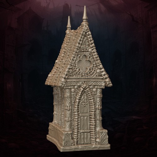 Miniaturowa gotycka krypta 32mm z serii Army of Darkness, drukowana w żywicy 3D. Idealna do gier bitewnych i dioram. Detale architektoniczne, mroczny klimat, wysoka jakość wykonania.