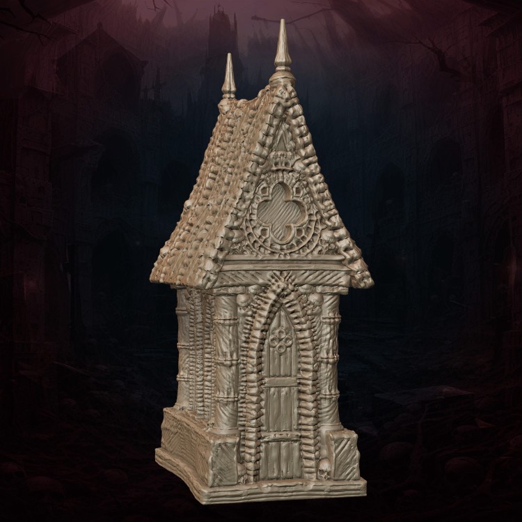 Miniaturowa gotycka krypta 32mm z serii Army of Darkness, drukowana w żywicy 3D. Idealna do gier bitewnych i dioram. Detale architektoniczne, mroczny klimat, wysoka jakość wykonania.
