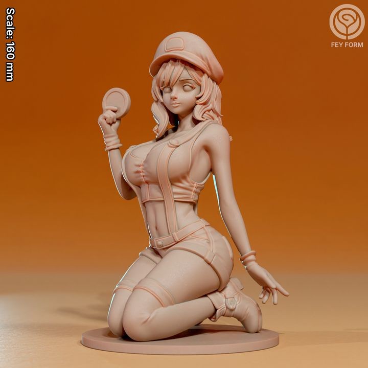 Monochromatyczna wersja figurki Plumber Girl Red w skali 160 mm, ukazująca detale rzeźby i tekstury. Doskonała do prezentacji jakości druku 3D i modelowania postaci.