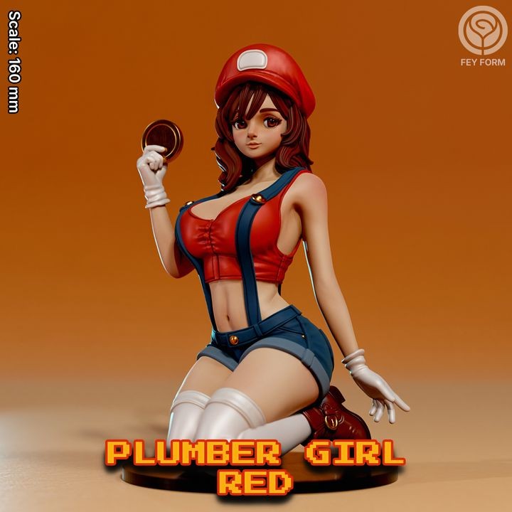 Stylizowana figurka Plumber Girl Red w dynamicznej pozie, ubrana w czerwono-niebieski strój inspirowany klasyczną estetyką gier wideo. Skala 160 mm, idealna dla kolekcjonerów i fanów popkultury.