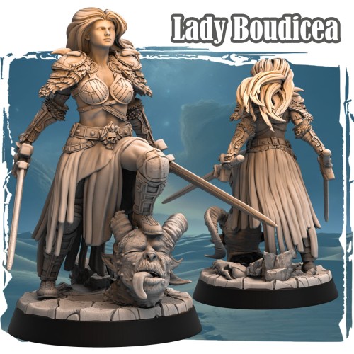 Figurka Lady Baudicea z serii Avalon Forces przedstawia wojowniczkę w ozdobnej zbroi, z dwoma mieczami i stopą opartą na głowie pokonanego stwora. Dynamiczna poza, detale zbroi i epicki klimat idealny do gier fantasy i kolekcji.