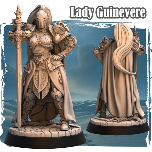Figurka Lady Guinevere z serii Avalon Forces przedstawia rycerkę w ozdobnej zbroi z mieczem i skrzydlatymi naramiennikami. Dynamiczna poza, detale zbroi i epicki klimat idealny do gier bitewnych, RPG i kolekcji fantasy.