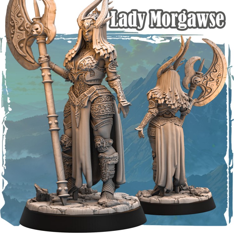 Figurka Lady Morgawse z serii Avalon Forces przedstawia wojowniczkę fantasy z dwugłowym toporem i ozdobną zbroją. Dynamiczna poza, detale zbroi i mroczny klimat idealny do gier bitewnych, RPG i kolekcji fantasy.