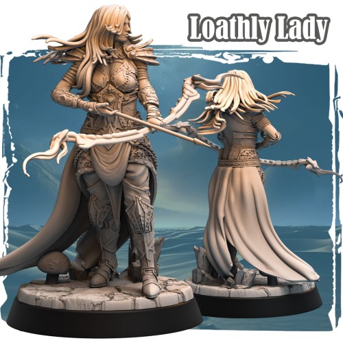 Figurka Loathly Lady z serii Avalon Forces przedstawia wojowniczkę fantasy z długim włosem, ozdobną zbroją i rytualnym kosturem. Dynamiczna poza, detale uzbrojenia i mistyczny klimat idealny do gier bitewnych, RPG i kolekcji fantasy.