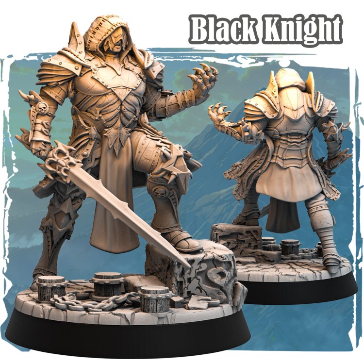 Figurka Black Knight z serii Avalon Forces II przedstawia mrocznego rycerza z mieczem, w ozdobnej zbroi z motywami czaszek. Idealna do gier bitewnych, RPG i kolekcji fantasy o brutalnym, epickim charakterze.