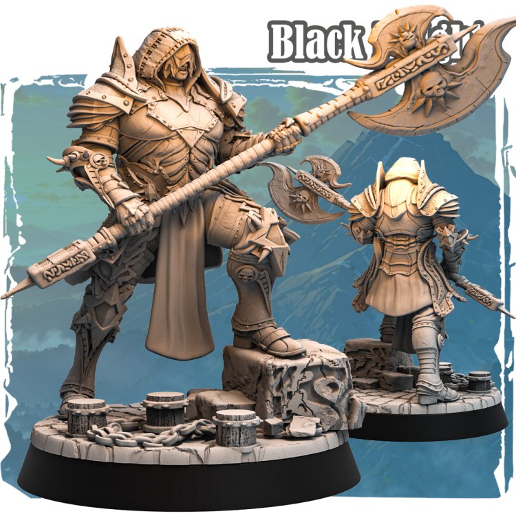 Black Knight w wersji z dwugłowym toporem, w pełnej zbroi z kapturami i czaszkami. Figurka fantasy o dynamicznej pozie, doskonała do gier stołowych, dioram i kolekcji o mrocznym klimacie.
