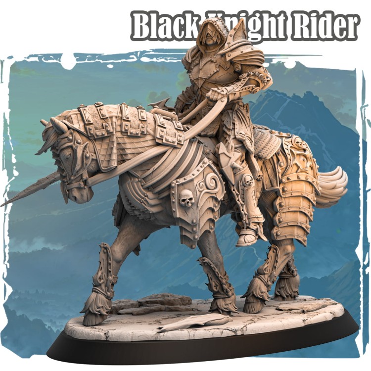 Figurka Black Knight Rider przedstawia mrocznego rycerza na opancerzonym koniu z motywami czaszek i kolców. Dynamiczna poza, gotycka estetyka i epicki klimat idealny do gier bitewnych i RPG.