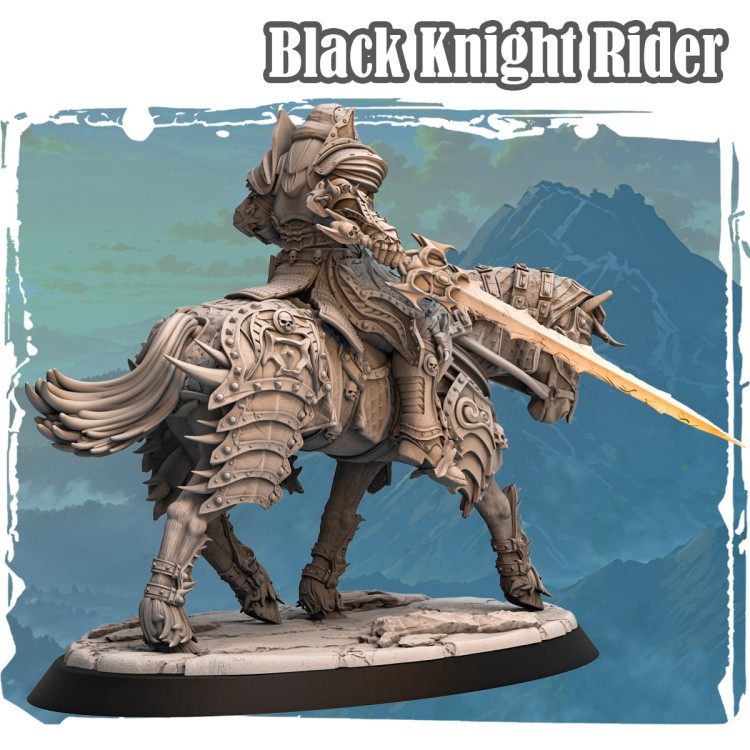 Figurka Black Knight Rider przedstawia mrocznego rycerza na opancerzonym koniu z motywami czaszek i kolców. Dynamiczna poza, gotycka estetyka i epicki klimat idealny do gier bitewnych i RPG. Widok od tyłu.