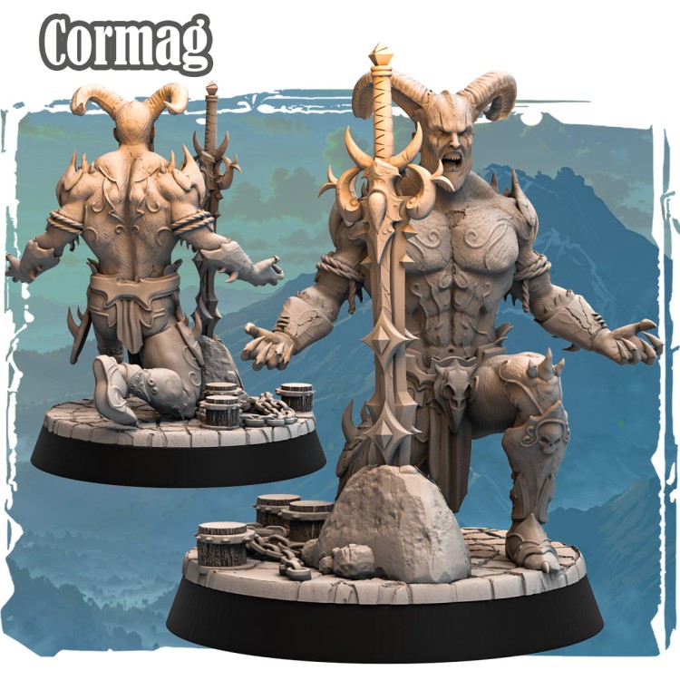 Figurka Cormag z serii Avalon Forces II przedstawia demonicznego wojownika z rogami, mieczem wbitym w skałę i czaszkowymi zdobieniami. Dynamiczna poza, kamienna podstawa i epicki klimat idealny do gier RPG i kolekcji fantasy.