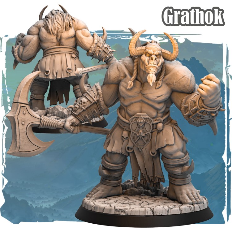 Figurka Grathok z serii Avalon Forces II przedstawia muskularnego barbarzyńcę z rogami i dwugłowym toporem. Bogate detale, czaszkowe motywy i dynamiczna poza idealna do gier RPG i kolekcji fantasy.