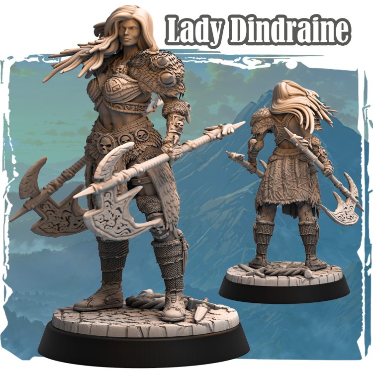 Figurka Lady Dindraine z serii Avalon Forces II przedstawia wojowniczkę fantasy z dwugłowym toporem, ozdobną zbroją i czaszkowymi motywami. Dynamiczna poza, epicki klimat i bogate detale idealne do gier RPG i kolekcji.