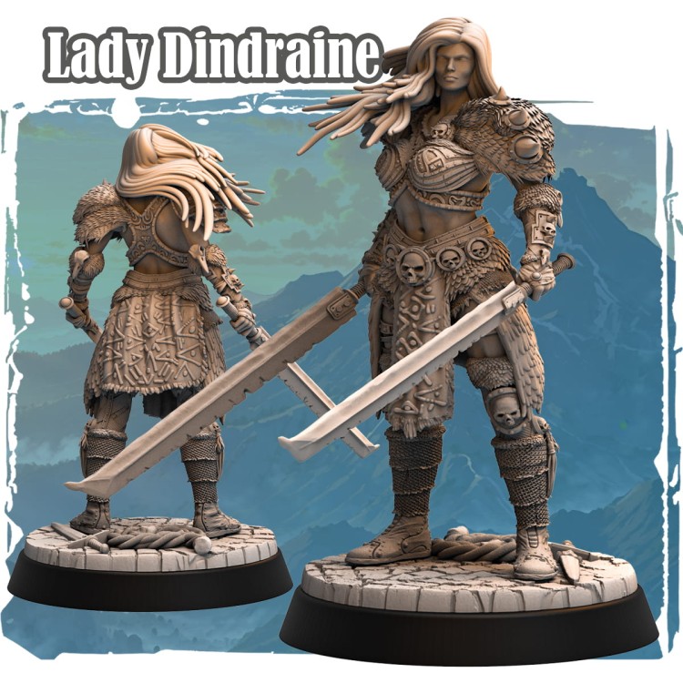 Lady Dindraine w wersji z mieczem, w pełnej zbroi z futrzanymi naramiennikami i czaszkowymi zdobieniami. Figurka fantasy o heroicznym charakterze, doskonała do dioram, sesji RPG i kolekcji tematycznych.