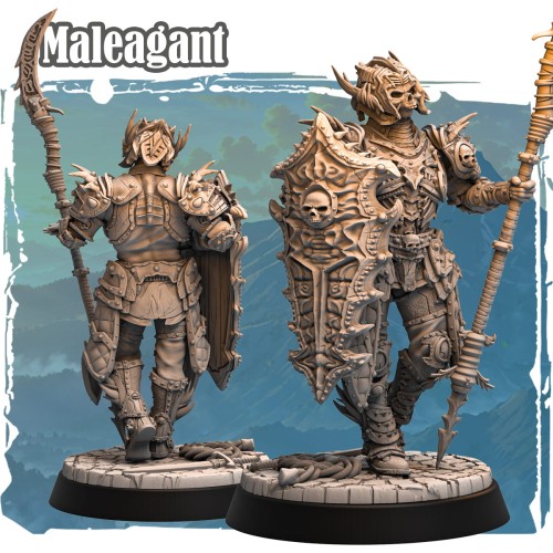 Figurka Maleagant z serii Avalon Forces II przedstawia mrocznego rycerza z włócznią i tarczą ozdobioną czaszkami. Zbroja pełna detali, dynamiczna poza i gotycki klimat idealne do gier RPG i kolekcji fantasy.