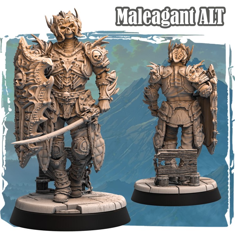 Maleagant ALT w pełnej zbroi z zakrzywionym mieczem i tarczą z twarzami. Figurka fantasy o brutalnym charakterze, doskonała do dioram, sesji RPG i ekspozycji kolekcjonerskiej.