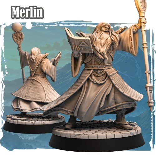 Figurka Merlin z serii Avalon Forces II przedstawia czarodzieja w dynamicznej pozie z księgą i laską. Bogate detale szat, magiczny klimat i epicka aura idealne do gier RPG i kolekcji fantasy.