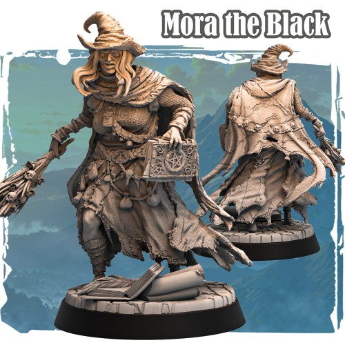 Figurka Mora the Black z serii Avalon Forces II przedstawia czarownicę z księgą i kosturem ozdobionym czaszkami. Detale szat, akcesoriów i magiczny klimat idealne do gier RPG i kolekcji fantasy.
