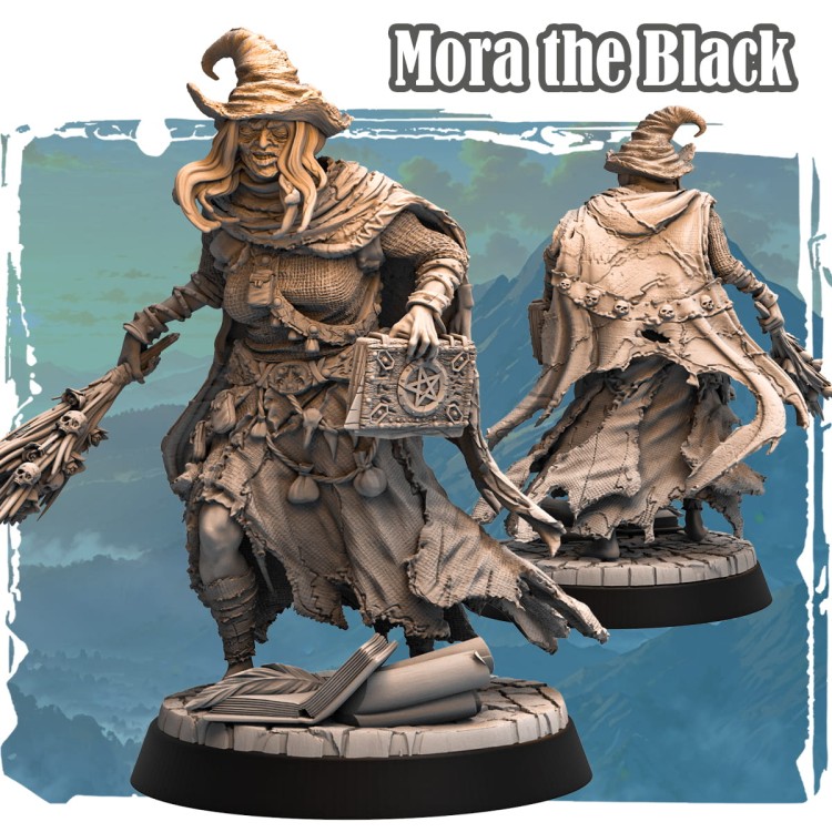 Figurka Mora the Black z serii Avalon Forces II przedstawia czarownicę z księgą i kosturem ozdobionym czaszkami. Detale szat, akcesoriów i magiczny klimat idealne do gier RPG i kolekcji fantasy.