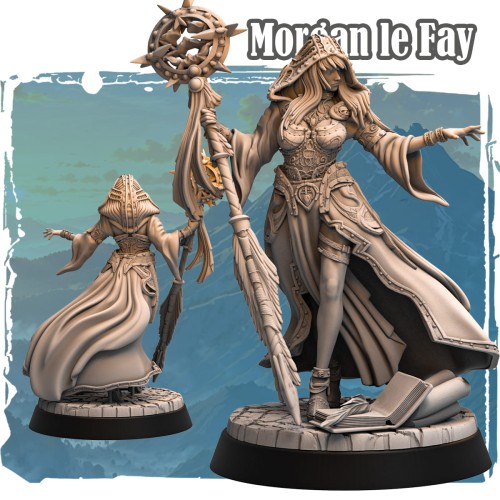 Figurka Morgana la Fey z serii Avalon Forces II przedstawia czarodziejkę z laską i księgą, w ozdobnej szacie z kapturem. Magiczny klimat, dynamiczna poza i detale idealne do gier RPG i kolekcji fantasy.