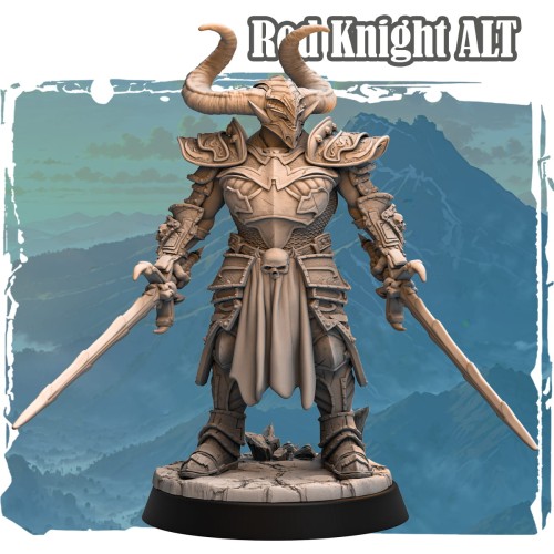 Red Knight ALT w pełnej zbroi z rogami, dwoma mieczami i czaszkowymi zdobieniami. Figurka fantasy o brutalnym charakterze, doskonała do dioram, sesji RPG i ekspozycji kolekcjonerskiej.