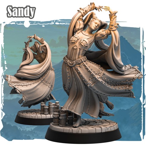 Figurka Sandy z serii Avalon Forces II przedstawia tancerkę fantasy w dynamicznej pozie, z ozdobnym strojem i scenografią. Idealna do gier RPG, kolekcji i dioram o artystycznym, baśniowym charakterze.
