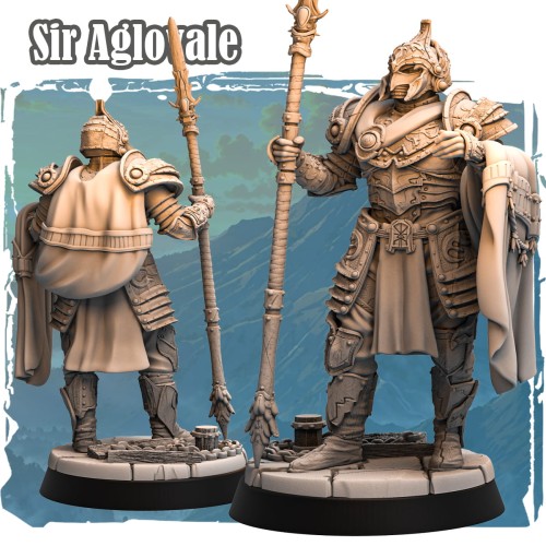 Sir Aglovale widziany od tyłu, z peleryną, hełmem z grzebieniem i ornamentami zbroi. Figurka fantasy z detalami bitewnymi i scenografią, doskonała do dioram i sesji RPG.