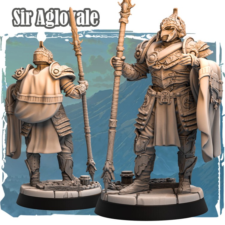 Sir Aglovale widziany od tyłu, z peleryną, hełmem z grzebieniem i ornamentami zbroi. Figurka fantasy z detalami bitewnymi i scenografią, doskonała do dioram i sesji RPG.
