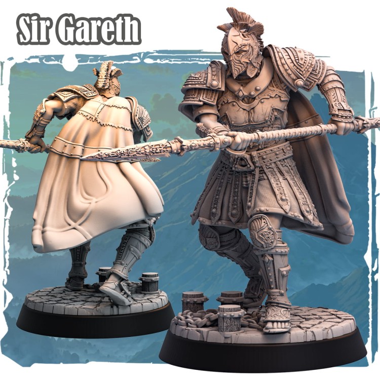 Figurka Sir Garath z serii Avalon Forces II przedstawia rycerza w ozdobnej zbroi z włócznią, stojącego na kamiennej podstawie. Bogate detale, dynamiczna poza i epicki klimat idealne do gier RPG i kolekcji fantasy.