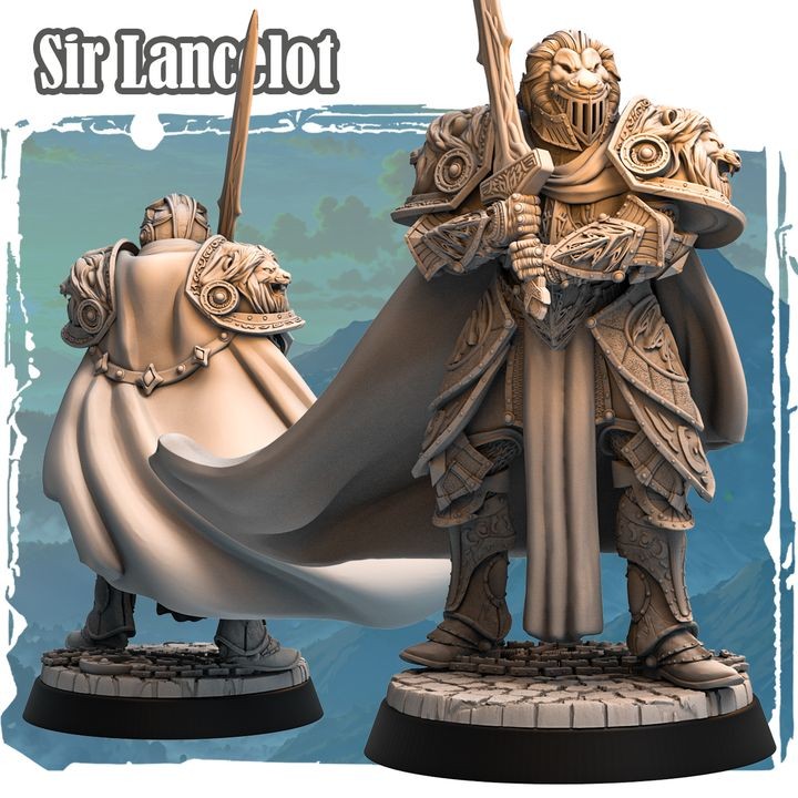 Sir Lancelot widziany od tyłu, z peleryną, hełmem z grzebieniem i ornamentami zbroi. Figurka fantasy z elementami bitewnymi i scenografią, doskonała do sesji RPG i ekspozycji kolekcjonerskiej.