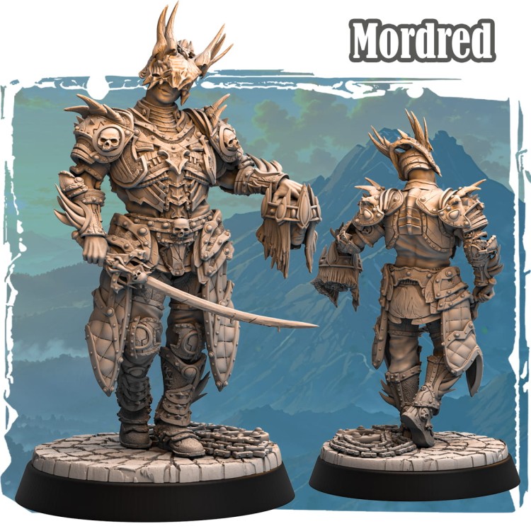 Figurka Sir Mordred z serii Avalon Forces II przedstawia rycerza w mrocznej zbroi z czaszkami, mieczem i trofeum. Gotycka estetyka, dynamiczna poza i epicki klimat idealne do gier RPG i kolekcji fantasy.