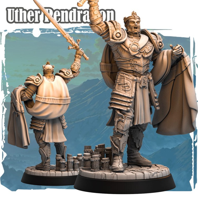 Figurka Uther Pendragon z serii Avalon Forces II przedstawia rycerza w triumfalnej pozie z mieczem. Bogate detale zbroi, królewska aura i epicki klimat idealne do gier RPG i kolekcji fantasy.