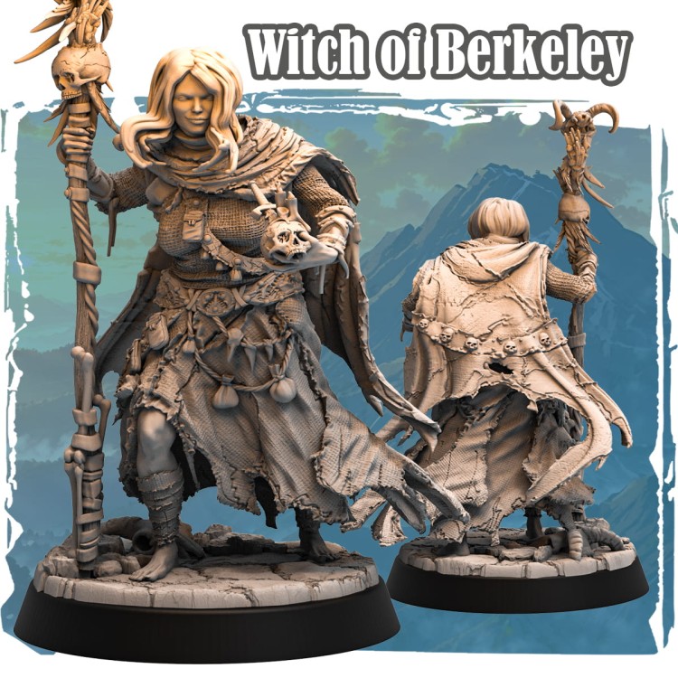 Figurka Witch of Berkeley z serii Avalon Forces II przedstawia czarownicę z kosturem i czaszką. Detale szat, akcesoriów i magiczny klimat idealne do gier RPG, kolekcji i dioram fantasy.