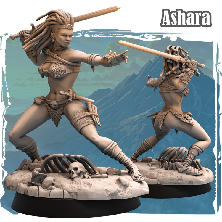 Figurka Ashara z serii Barbarians przedstawia wojowniczkę z dwoma mieczami w dynamicznej pozie. Tribalowa zbroja, detale czaszek i agresywna kompozycja idealne do gier RPG i kolekcji fantasy.