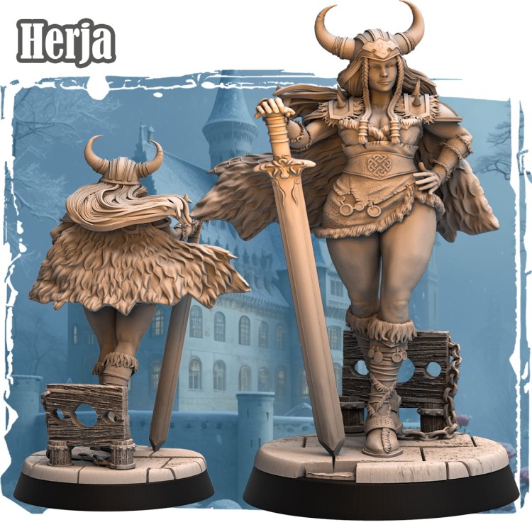 Figurka Herja z serii Barbarians przedstawia nordycką wojowniczkę z mieczem, w futrzanej zbroi i rogatym hełmie. Dynamiczna poza, detale uzbrojenia i scenografia idealne do gier RPG i kolekcji fantasy.