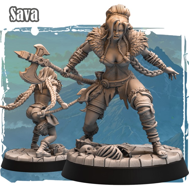 Figurka Sava z serii Barbarians przedstawia wojowniczkę fantasy w dynamicznej pozie, z tribalową zbroją i dzikim wyrazem twarzy. Doskonała do gier RPG, kolekcji i dioram o brutalnym, plemiennym charakterze.