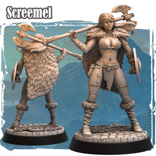 Screemel – figurka fantasy 32mm przedstawiająca półorka barbarzyńcę z toporem i tarczą, idealna do gier bitewnych i RPG. Dynamiczna poza, futrzana peleryna, detaliczna rzeźba.