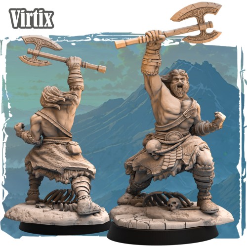 Figurka Virtix – barbarzyński wojownik fantasy z toporem, czaszkami i tribalowym strojem. Widok z przodu i tyłu, dynamiczna poza, idealna do gier bitewnych i RPG.