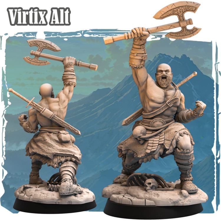 Alternatywna wersja figurki Virtix – wojownik fantasy z podniesionym toporem i zaciśniętą pięścią. Tribalowy styl, miecz na plecach, czaszki na podstawce, dynamiczna poza.