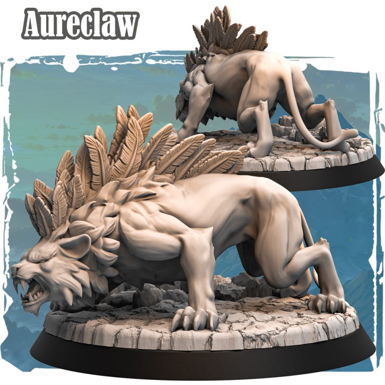 Aureclaw – figurka fantasy w skali 32mm przedstawiająca mistycznego stwora z pióropodobną grzywą i kocim ciałem. Idealna do gier RPG i bitewnych. Dynamiczna poza, detaliczna rzeźba, podstawa z kamienną teksturą.
